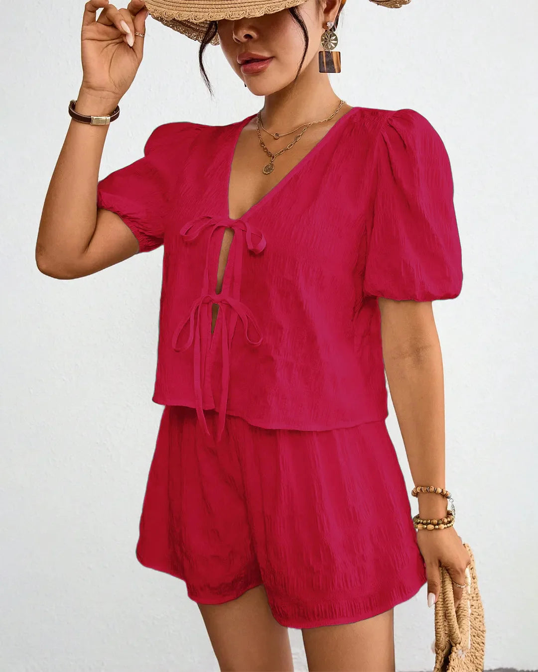 Hot Pink Puff Sleeve Crop Top & High-Waist Shorts Co-Ord Set