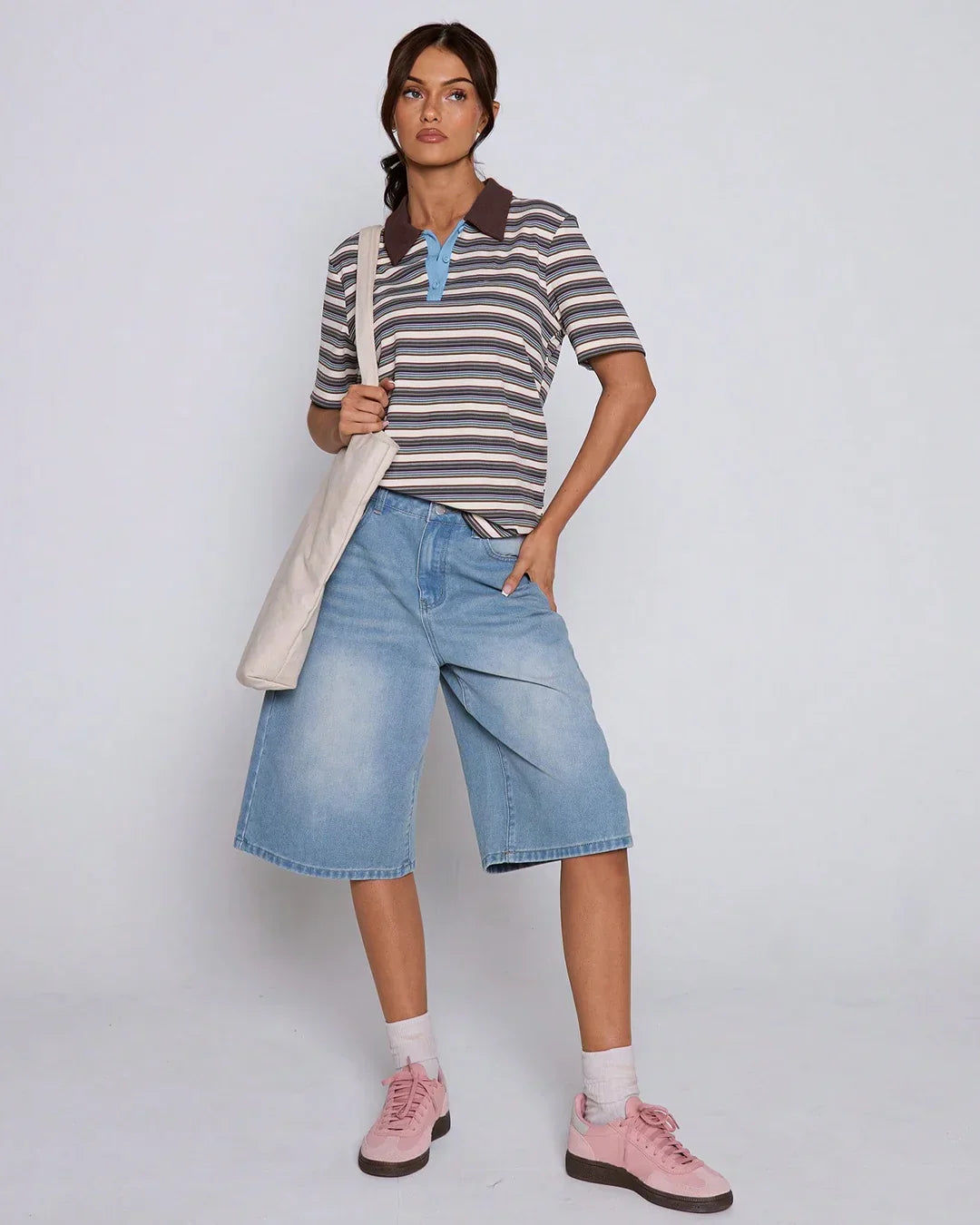 Striped Polo Collar T-Shirt with Contrast Detailing