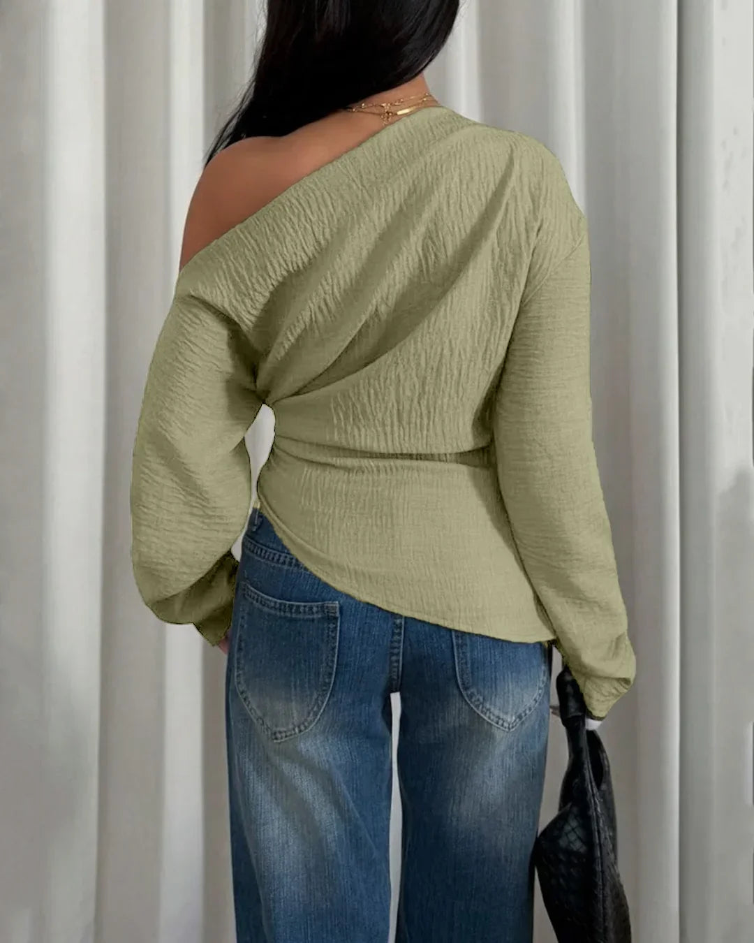 Off-Shoulder Solid Color Asymmetrical Neck Top in Herbal