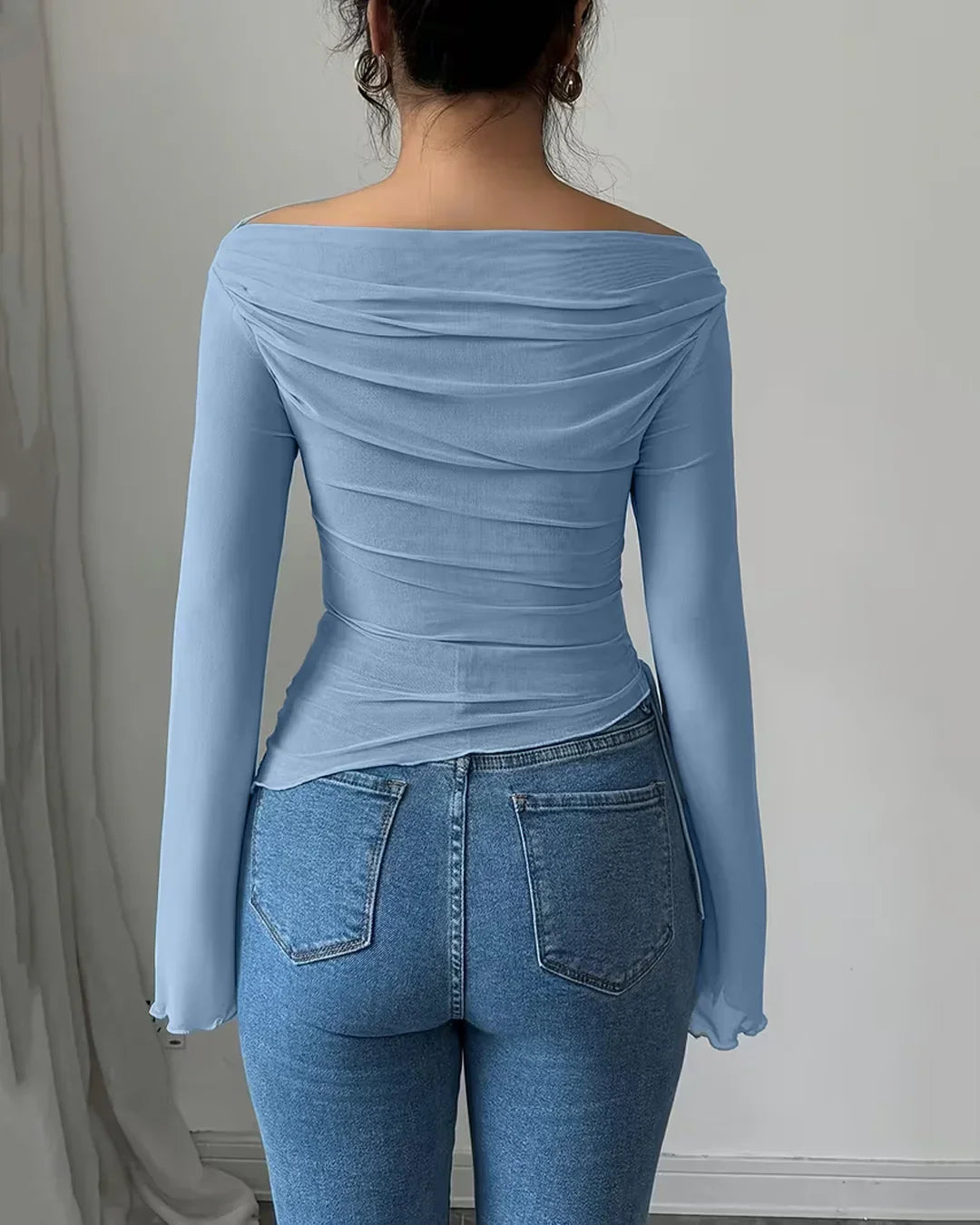 Off-Shoulder Fitted Long Sleeve Stylish Top for Women in Blue