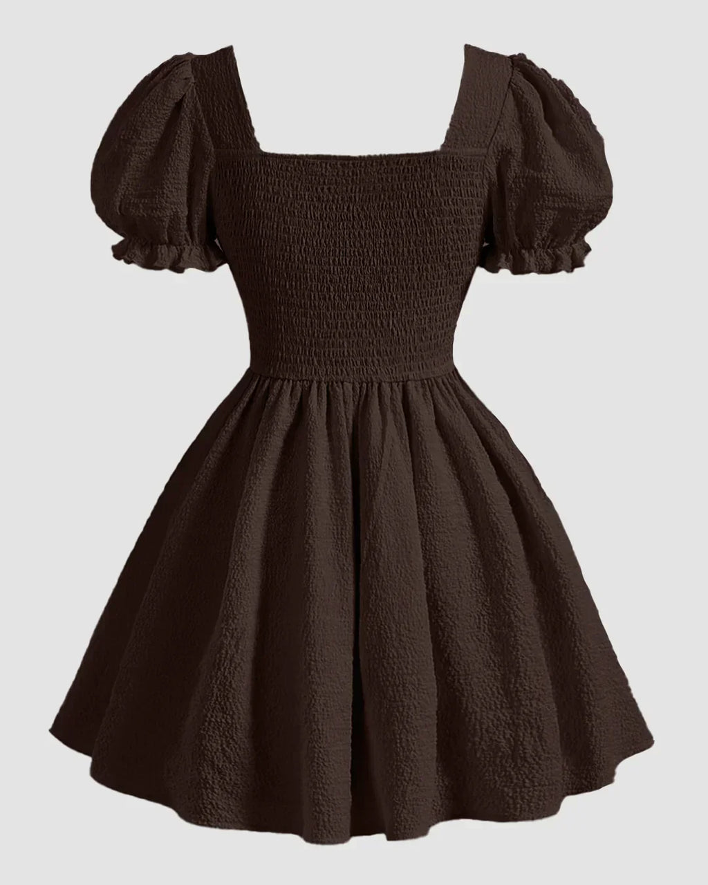 Square Neck Puff Sleeve A-Line Mini Dress in Chocolate Fondue