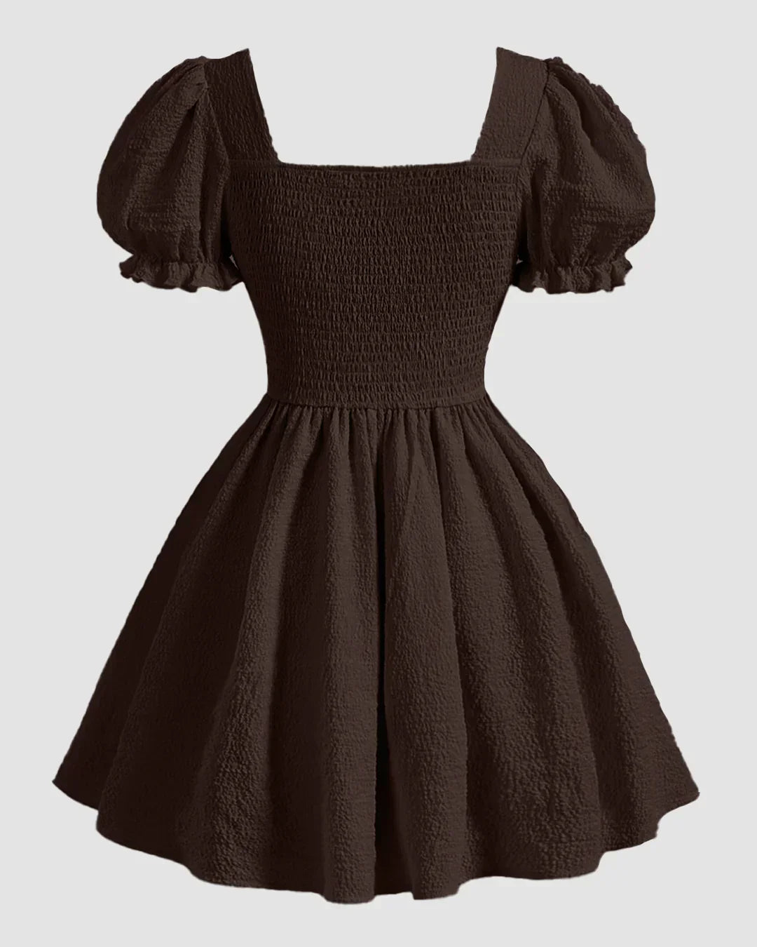 Square Neck Puff Sleeve A-Line Mini Dress in Chocolate Fondue