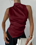 Satin Sleeveless High Neck Asymmetrical Hem Top in Red