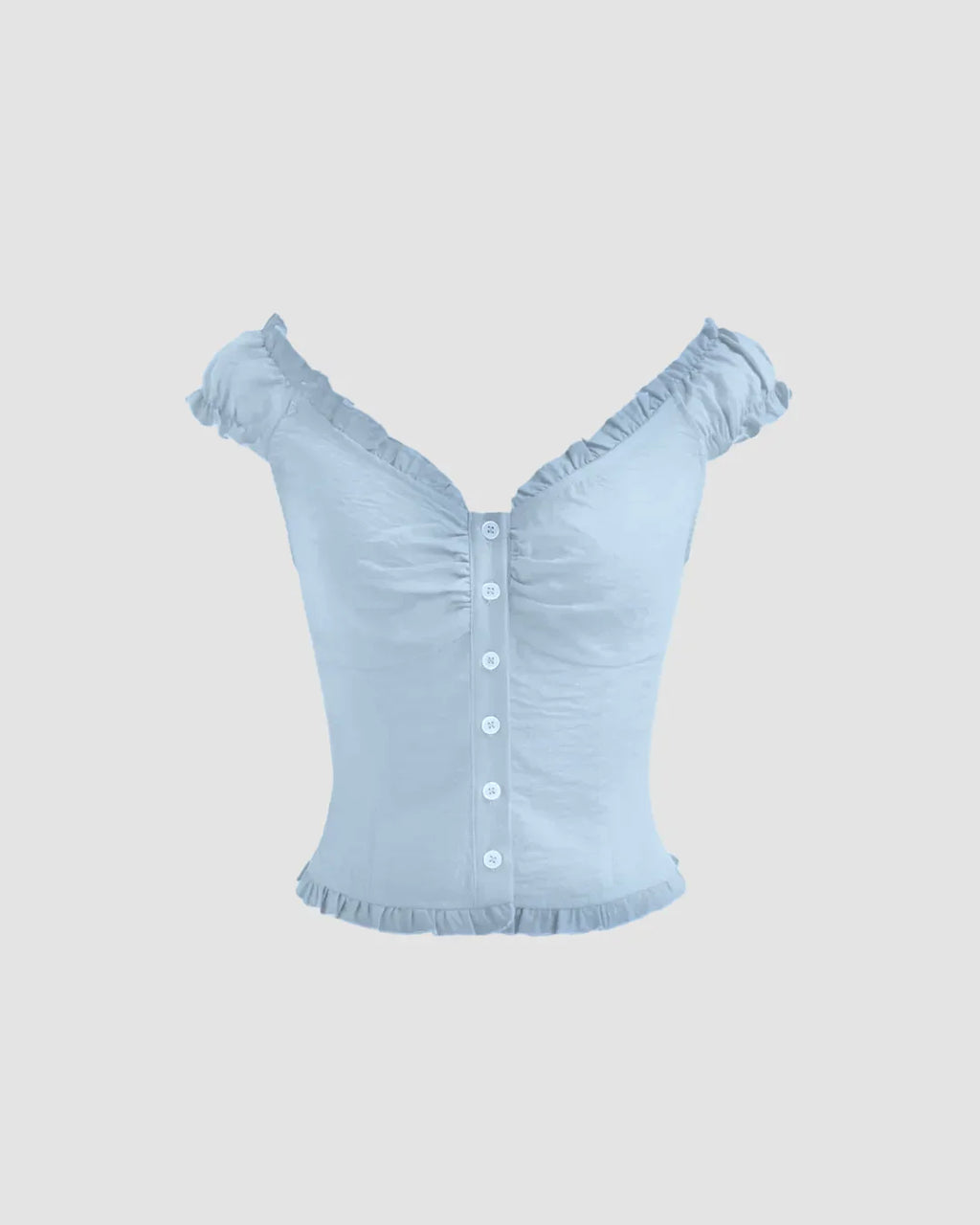 Sky Blue Ruffle Trim Ruched Button Front Top