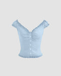 Sky Blue Ruffle Trim Ruched Button Front Top