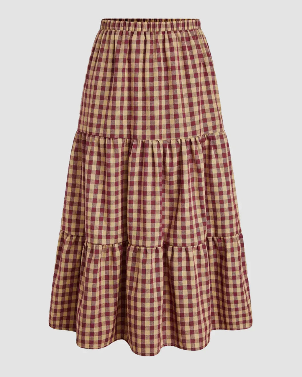 Tiered Gingham Maxi Skirt With Elastic Waist