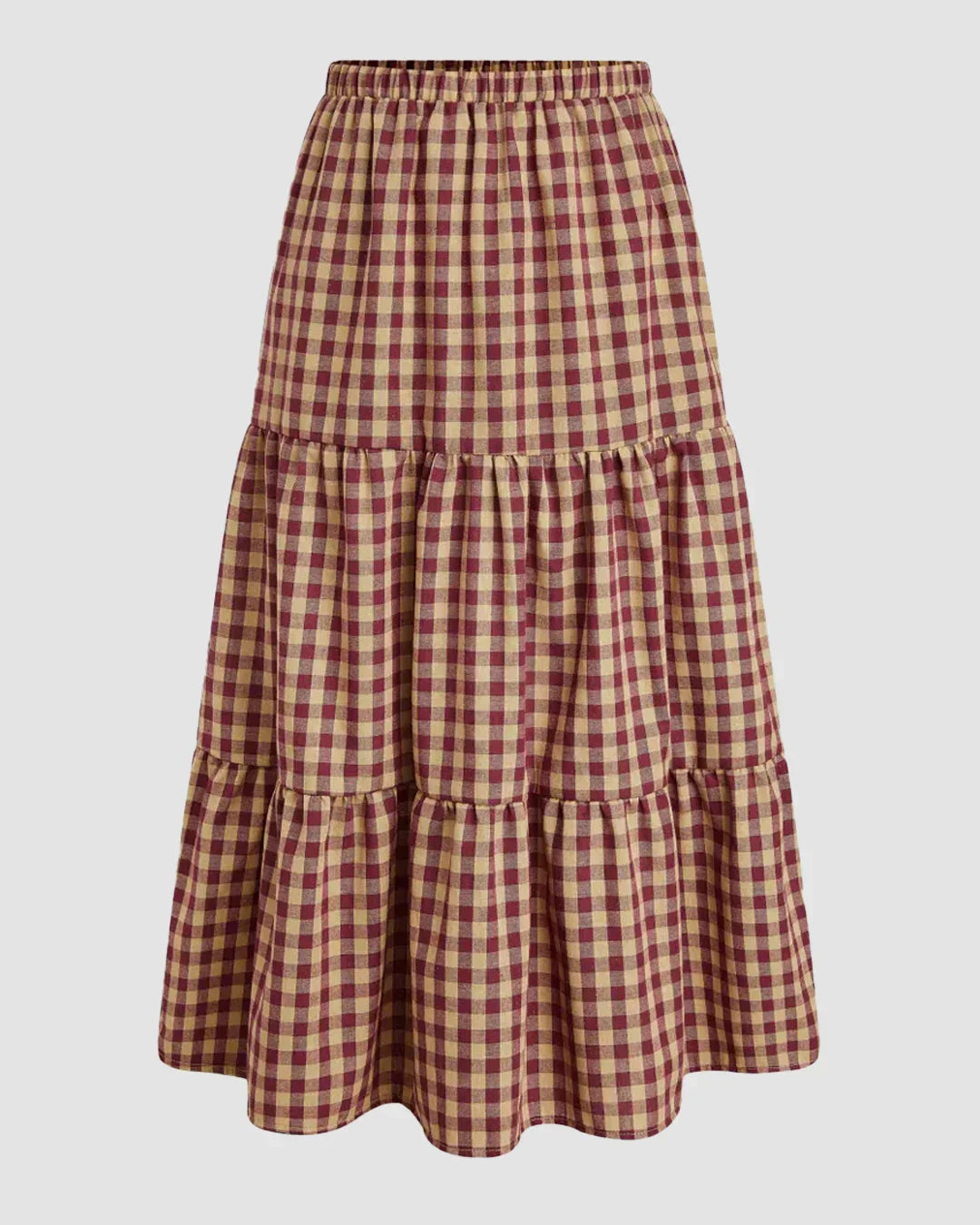 Tiered Gingham Maxi Skirt With Elastic Waist
