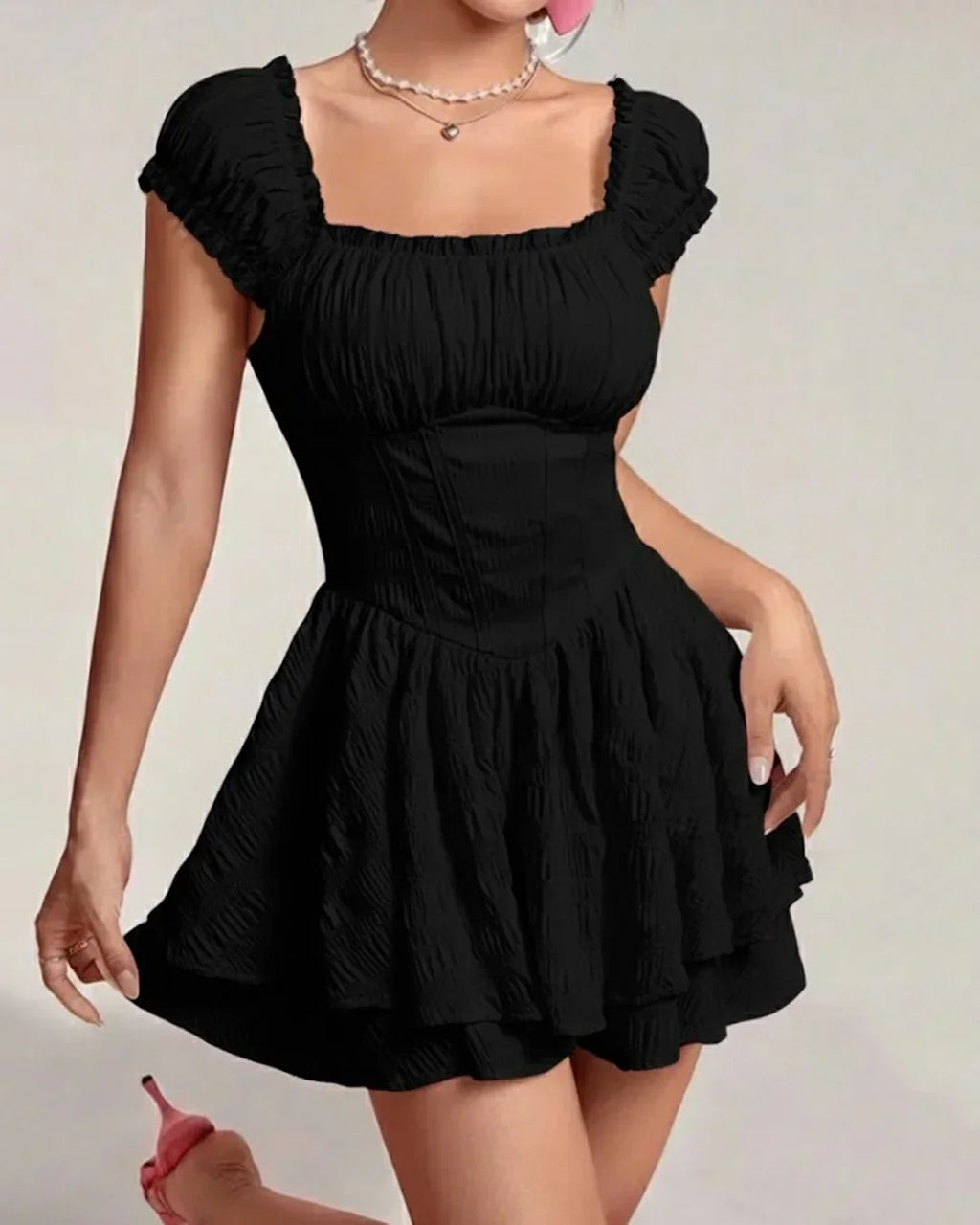 Square Neck Double Layer Short Sleeve Dress In Black