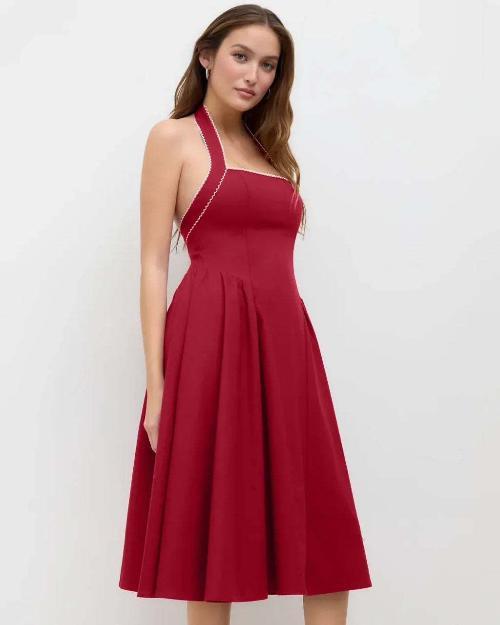 Halter Neck Pleated A-Line Midi Dress in Cherry