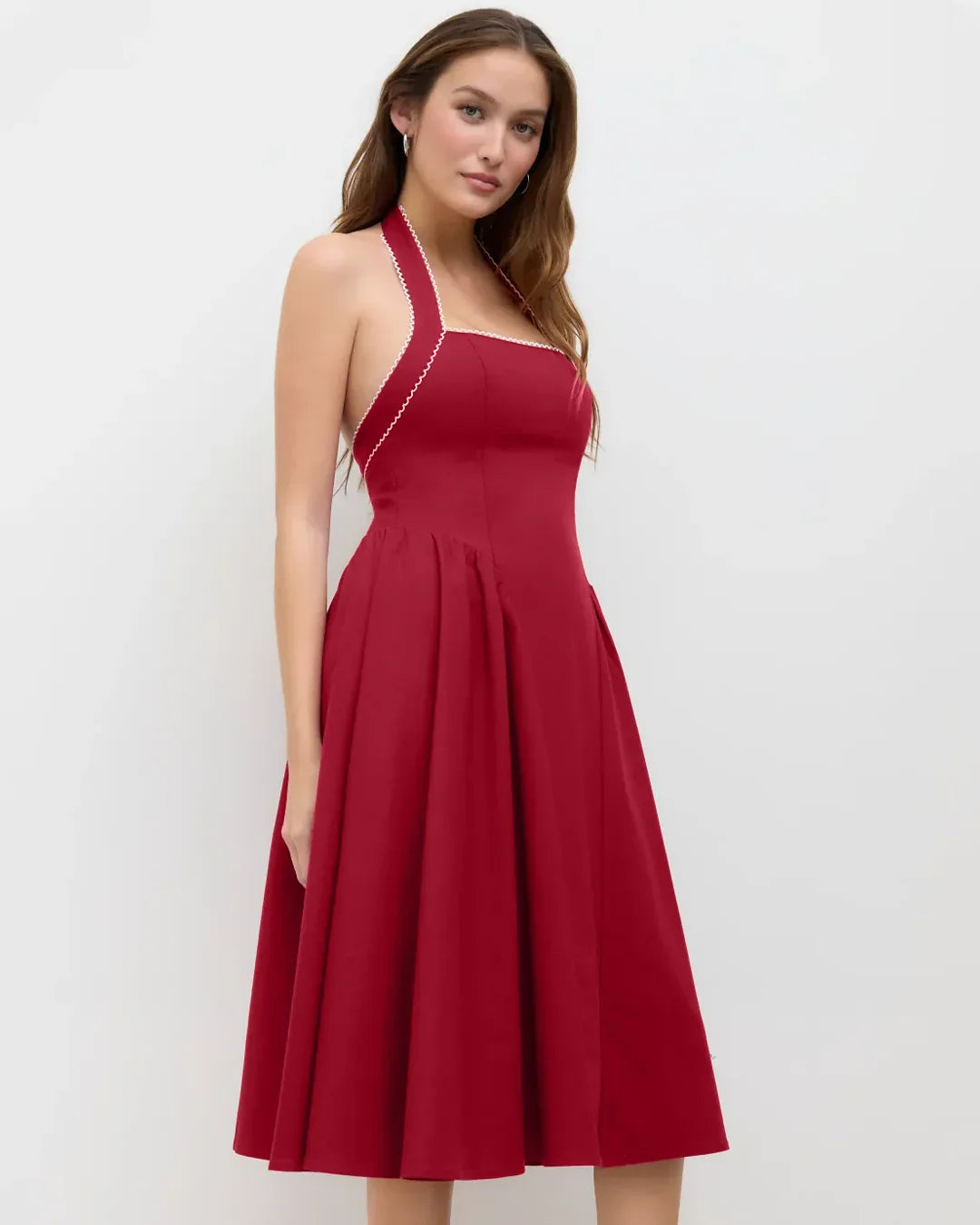 Halter Neck Pleated A-Line Midi Dress in Cherry
