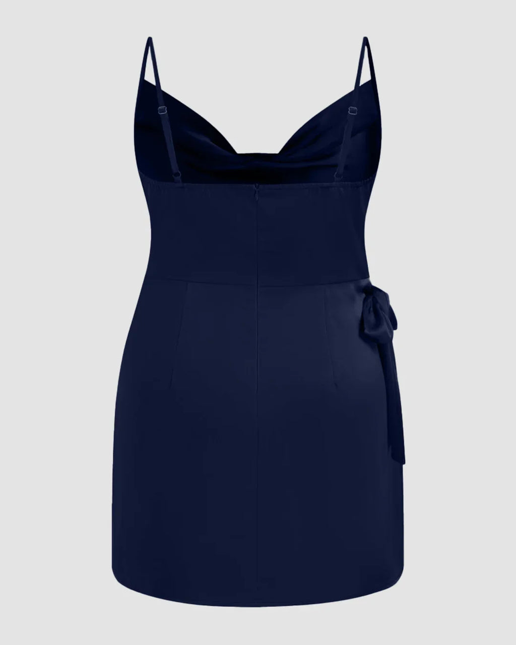 Satin Cowl Neck Solid Knotted Zipper Mini Dress Curve & Plus in Navy Blue