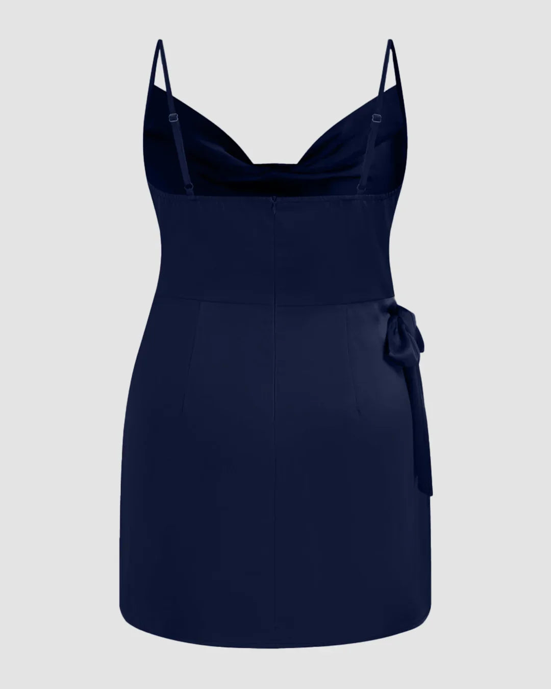 Satin Cowl Neck Solid Knotted Zipper Mini Dress Curve & Plus in Navy Blue