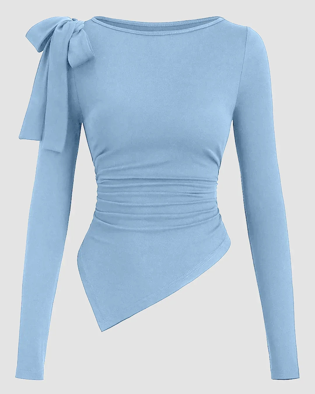 Powder Blue One Shoulder Bow Detail Full Sleeve Top