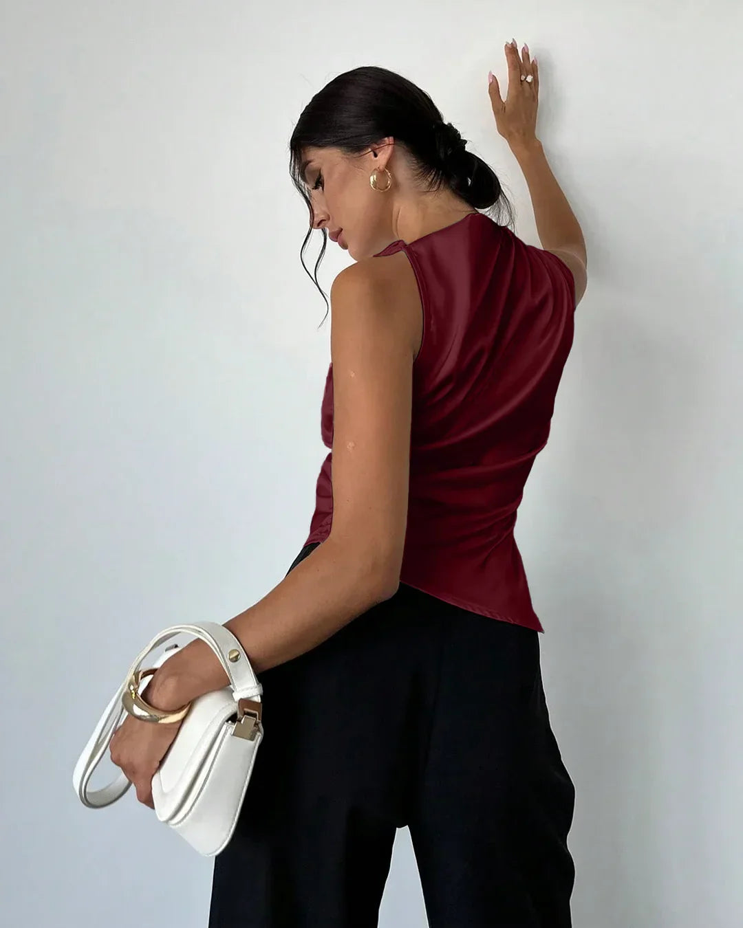 Satin Sleeveless High Neck Asymmetrical Hem Top in Red