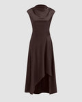 Satin Stand Collar Short Sleeve Asymmetrical Hem Midi Dress in Brown