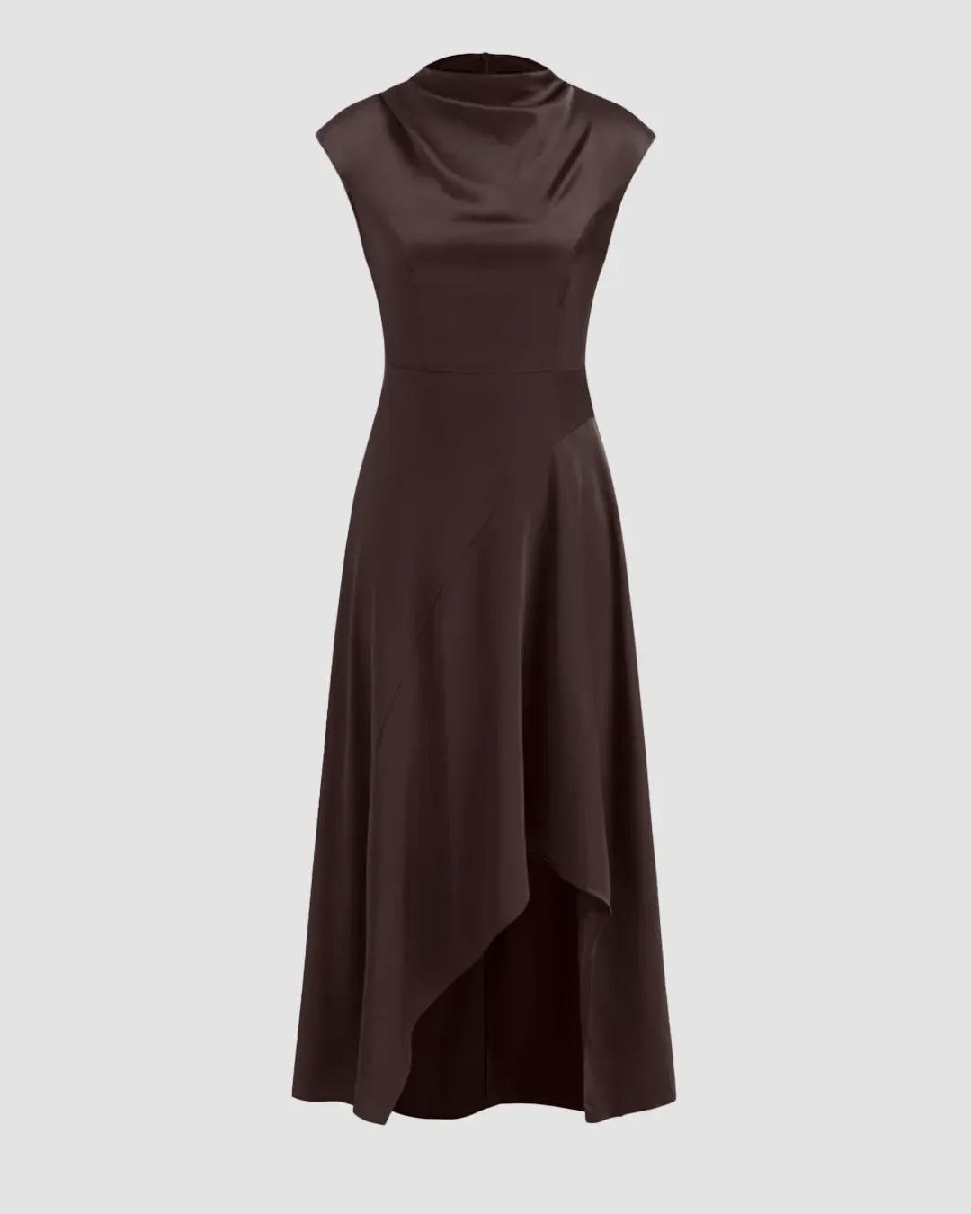 Satin Stand Collar Short Sleeve Asymmetrical Hem Midi Dress in Brown