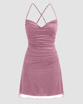 Mesh Cowl Neck Sequin Ruched Mini Dress in Pink