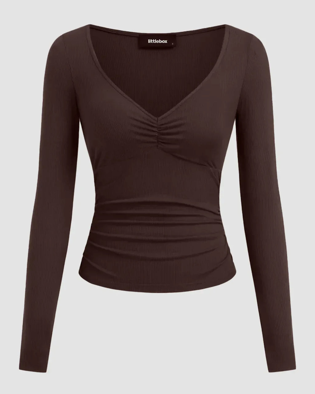 V-neck Ruched Long Sleeve Top in Brown
