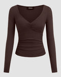 V-neck Ruched Long Sleeve Top in Brown