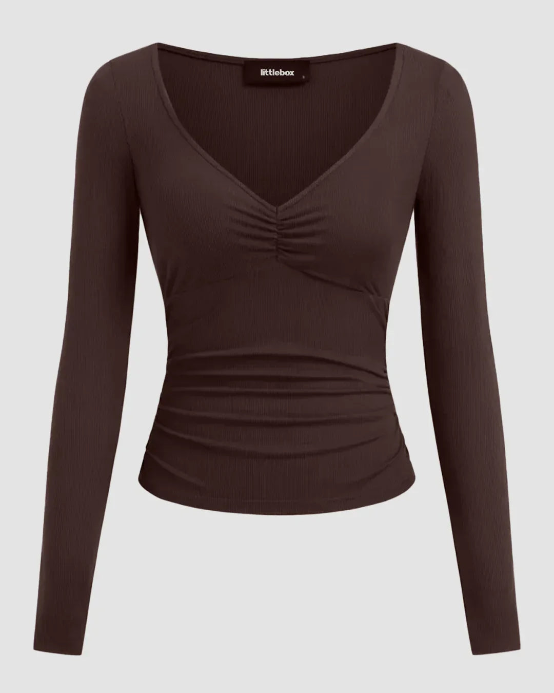 V-neck Ruched Long Sleeve Top in Brown