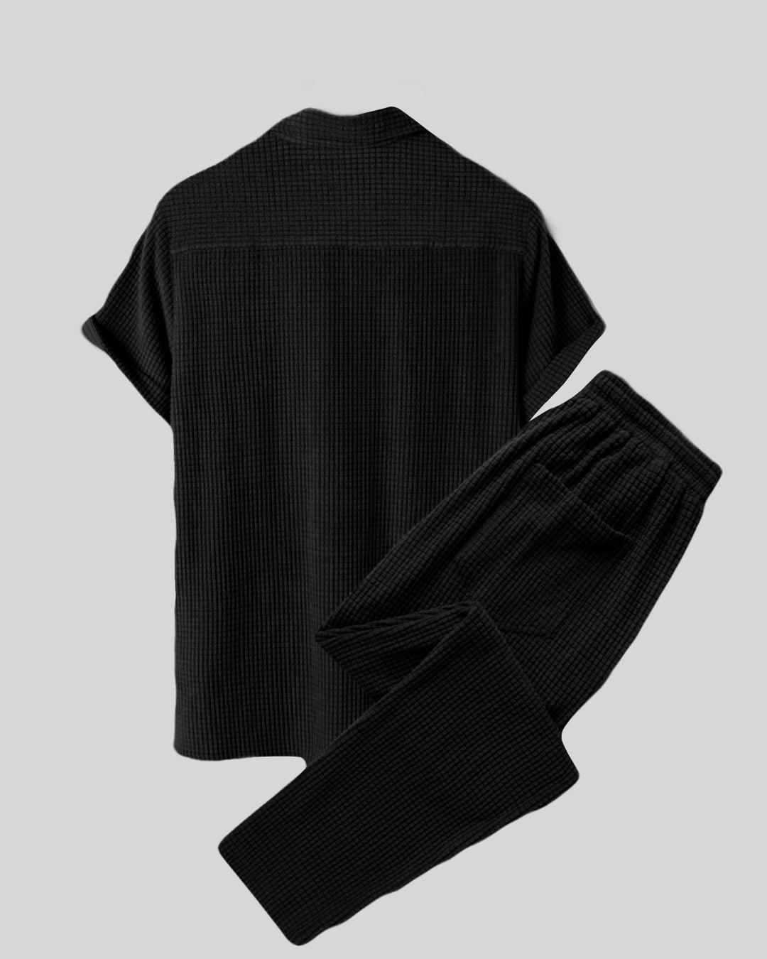 Men Set Of Two : Black Short Sleeve Knit Shirt with Drawstring Pocket  Pant