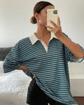Striped Front Button Collar Neck Half Sleeve Top
