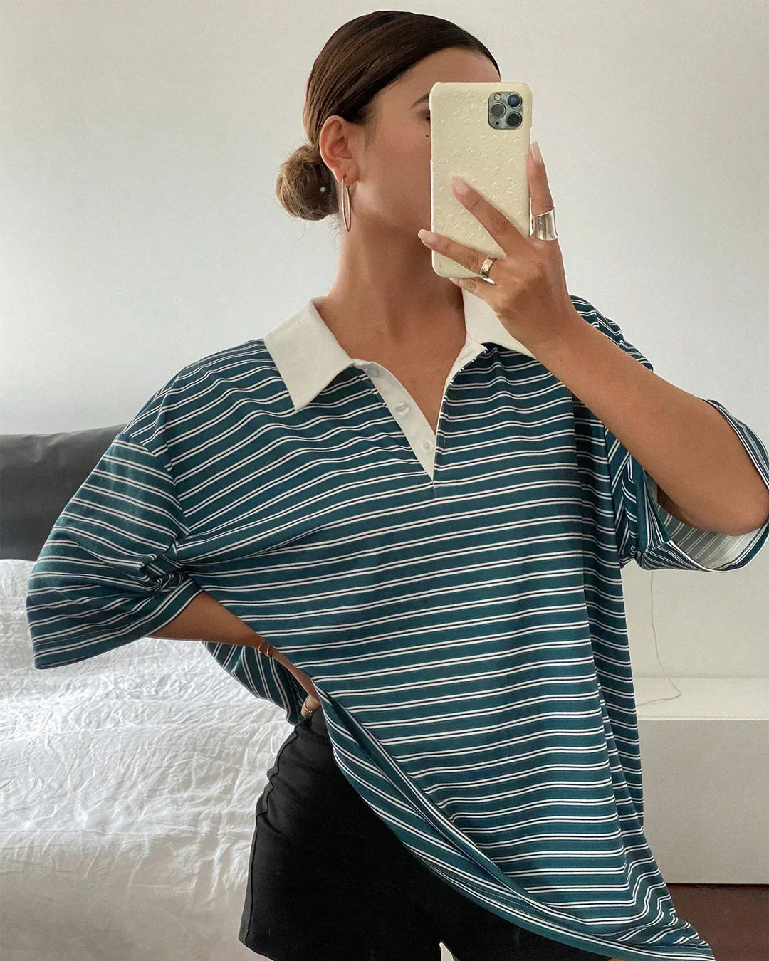 Striped Front Button Collar Neck Half Sleeve Top