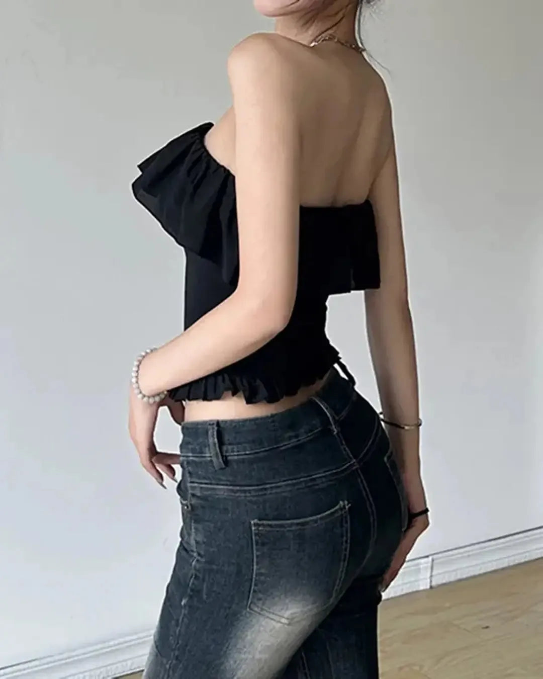 Plain Ruffled Trim Corset Tube Top In Black