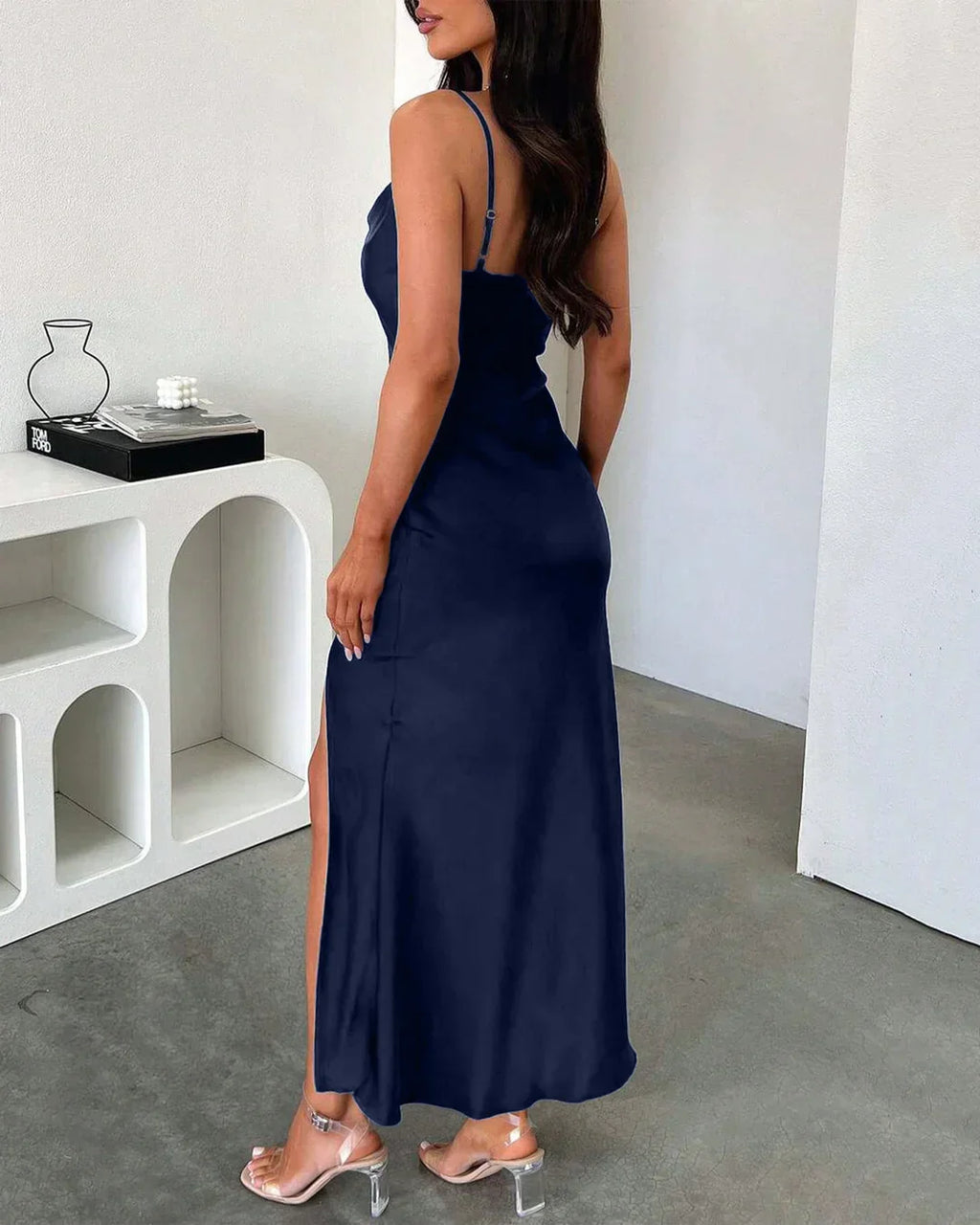 Cowl Neck Ruched Slit Sleeveless Satin Maxi Dress in Navy Blue