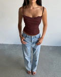 Plunge Neck Lace Trim Bow Knot Strap Top in Maroon