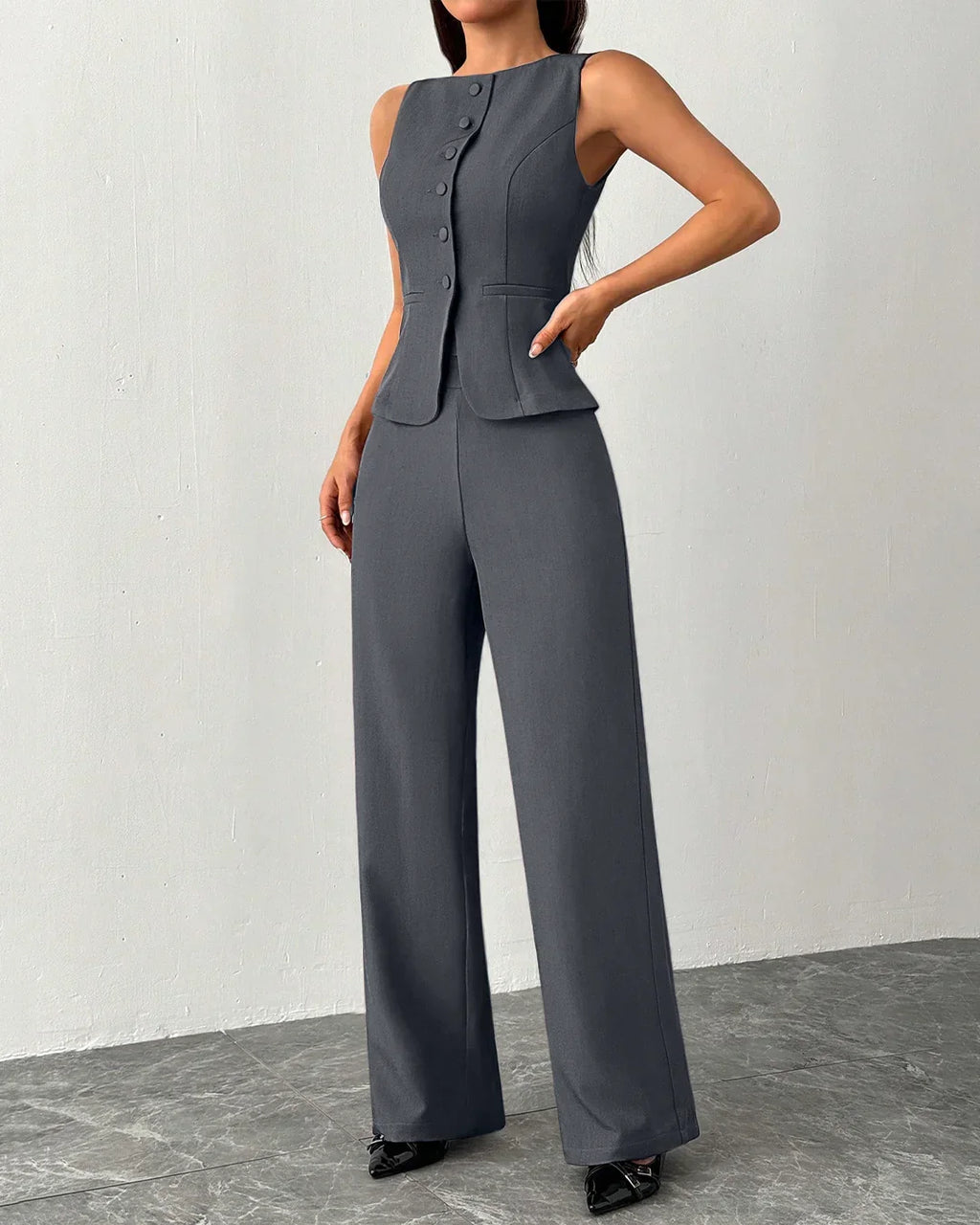 Sleeveless Buttoned Vest & Wide-Leg Trouser Co-ord in Dark Grey