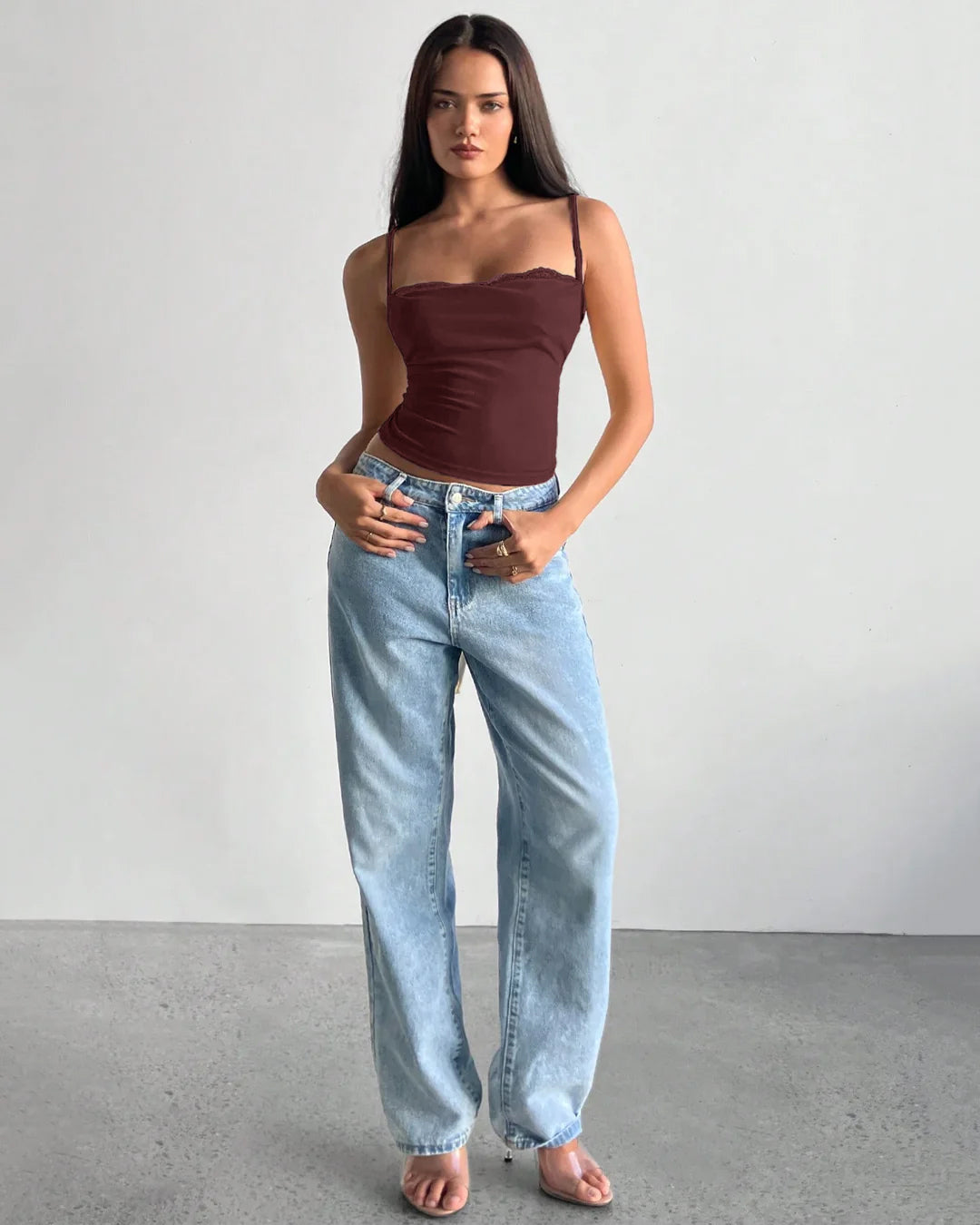 Plunge Neck Lace Trim Bow Knot Strap Top in Maroon