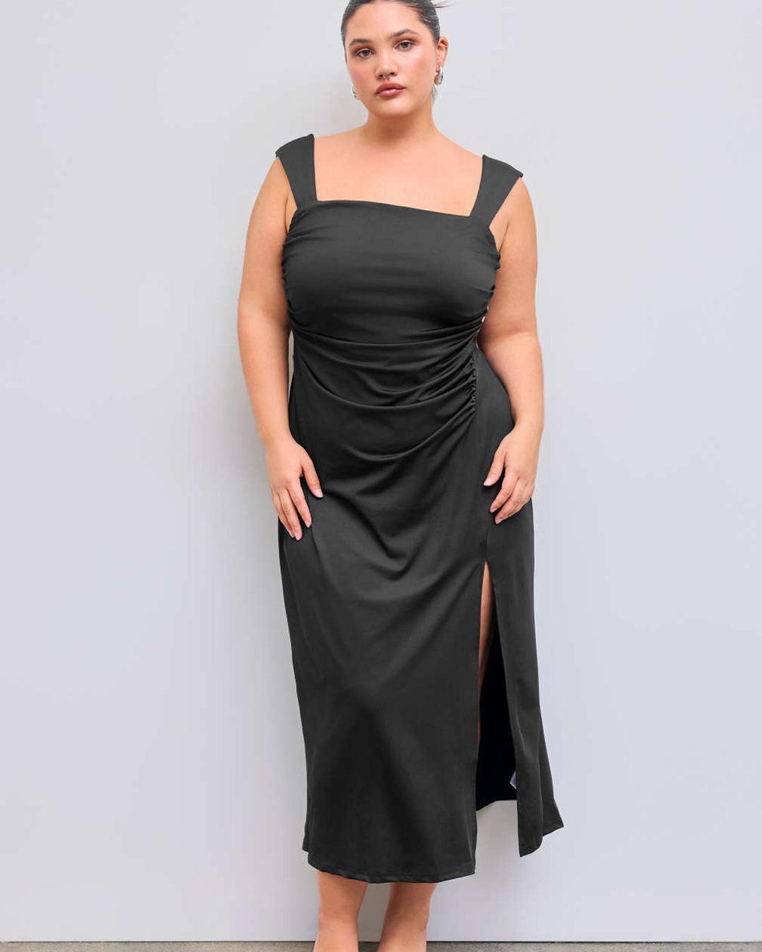 Square Neckline Ruched Split Bowknot Maxi Dress Curve & Plus