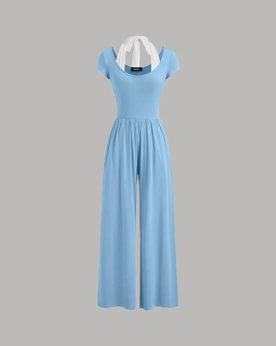 Cap Sleeve Tie Back Jumpsuit with White Inner Layer in Powder Blue