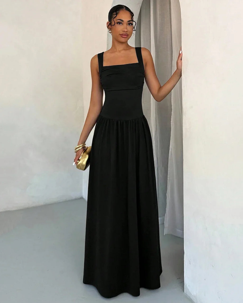 Square Neck Sleeveless Maxi Dress in Black