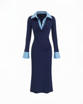 Collared Layered flared Cuff sleeves Ruched Dress in Navy Blue