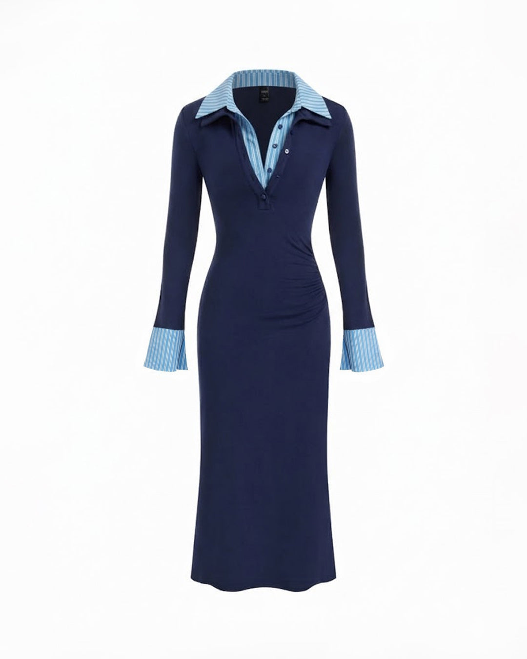 Collared Layered flared Cuff sleeves Ruched Dress in Navy Blue