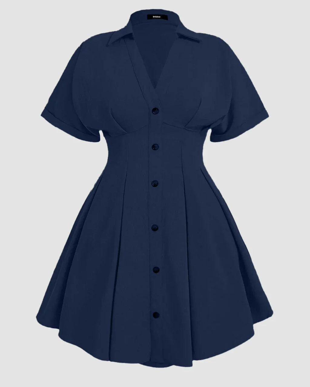 Navy Blue Collared Button-Down Pleated A-Line Mini Dress Curve & Plus