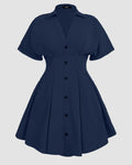 Navy Blue Collared Button-Down Pleated A-Line Mini Dress Curve & Plus