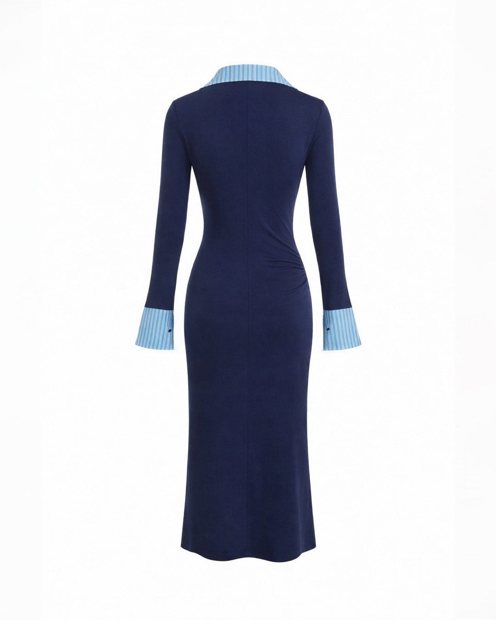 Collared Layered flared Cuff sleeves Ruched Dress in Navy Blue