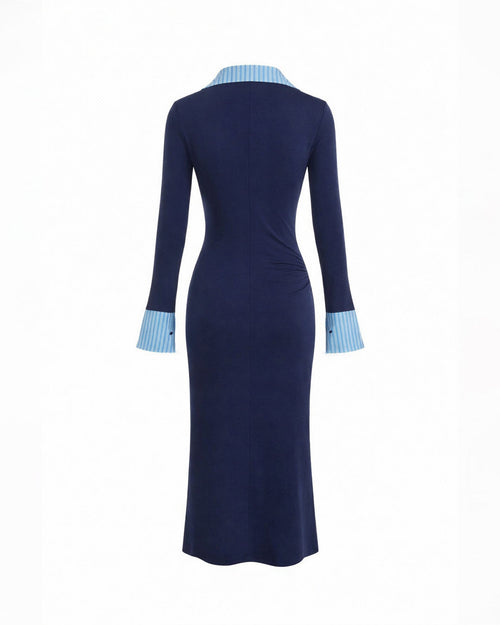 Collared Layered flared Cuff sleeves Ruched Dress in Navy Blue