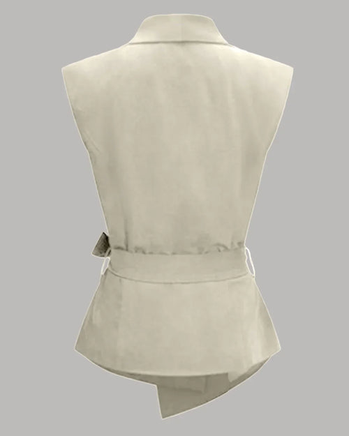 Beige Sleeveless Wrap Waistcoat Top with Belt