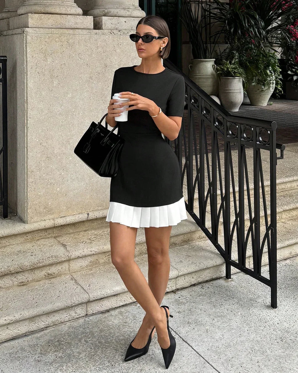 Black Mini Dress with White Pleated Hem