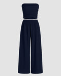 Off Shoulder Crop Top And Wide Leg Pant In Navy Blue