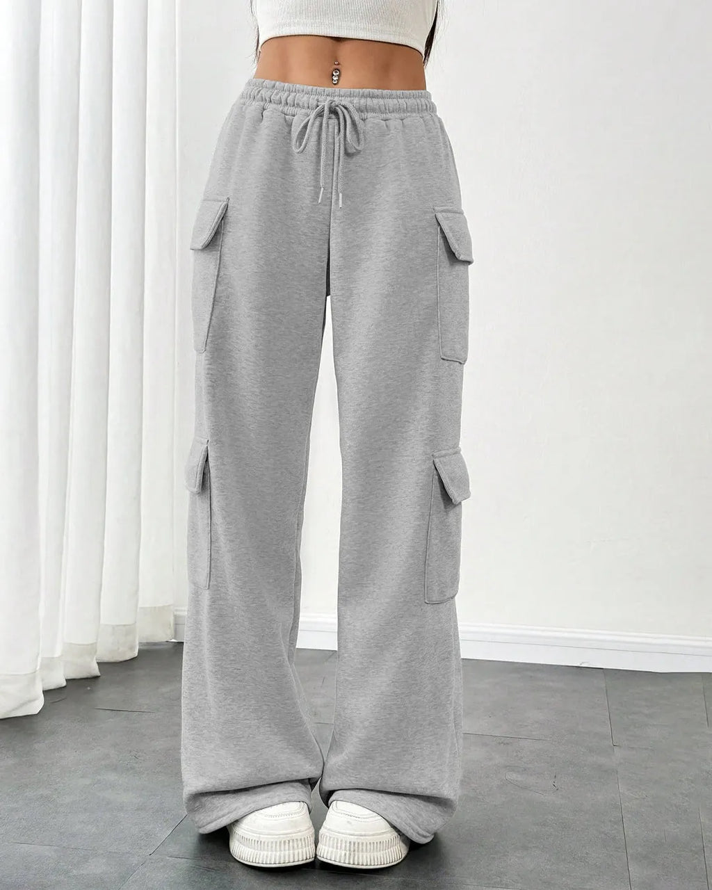 Melange Women's Cargo Trousers With Side Pockets and Drawstring Waist