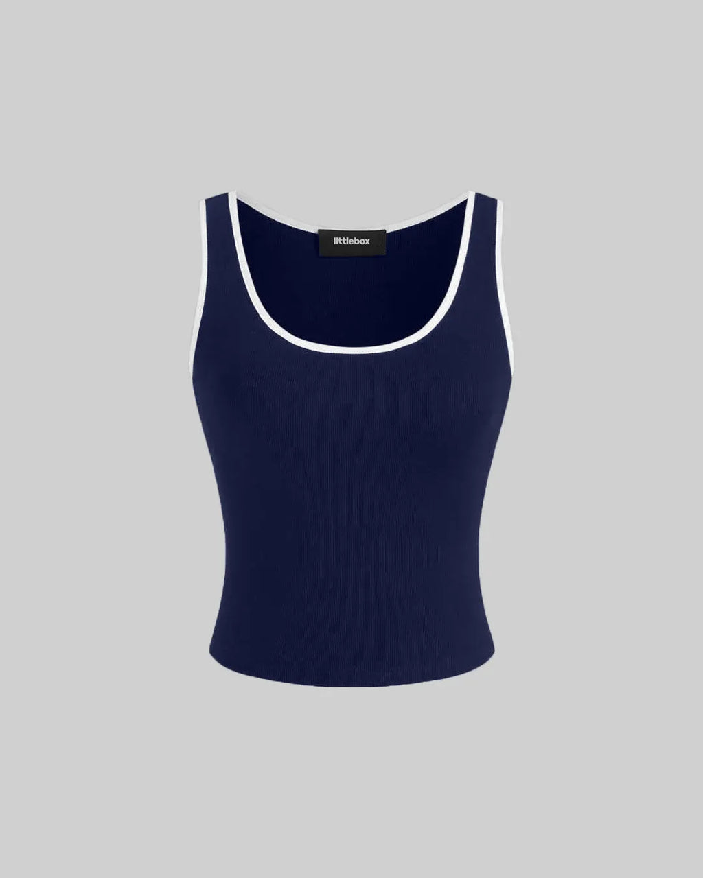 Solid Color Round Neck Ribbed Tank Top In Navy Blue