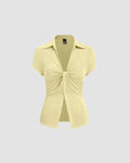 Ruched Front Collared Short Sleeve Top in Vanilla