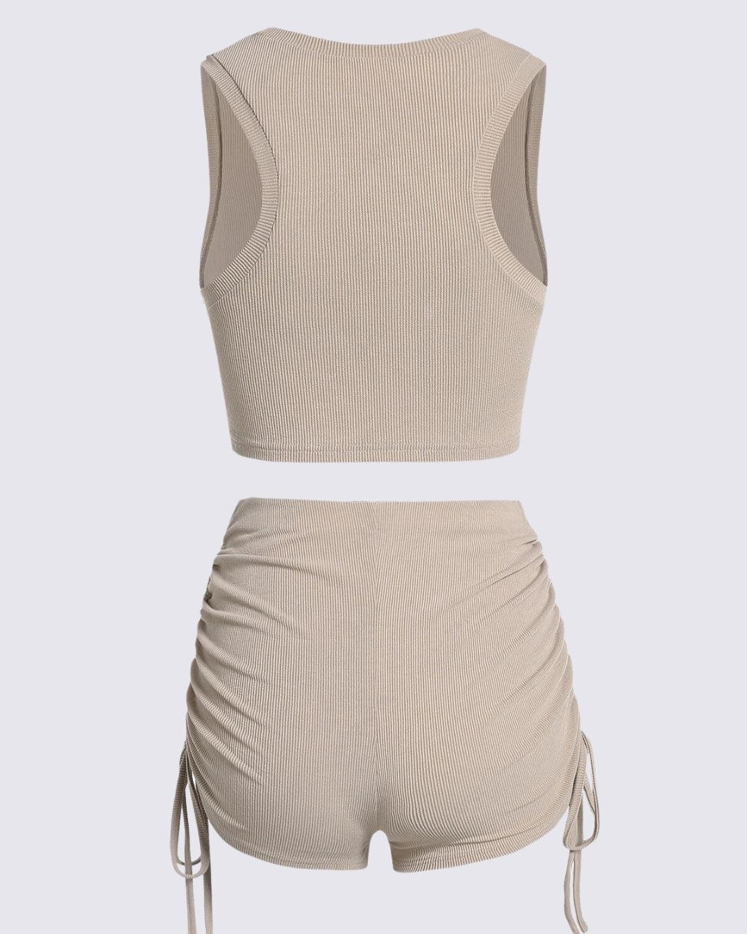 Ribbed Twisted Racerback Crop Tank Top With Cinched Side High Waisted Skinny Shorts Set In Apricot