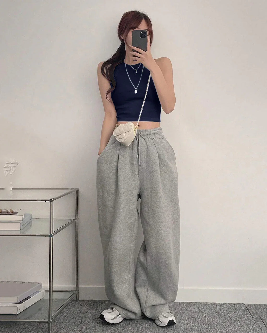 Sleeveless Ribbed High Neck Crop Top in Navy Blue
