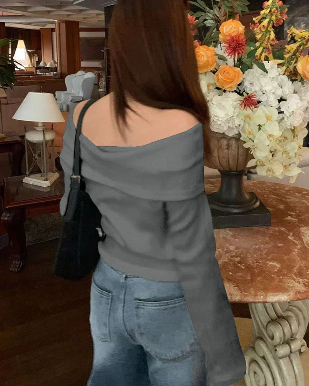 Solid Color Open Shoulder Off-Shoulder Knit Top in Black Melange